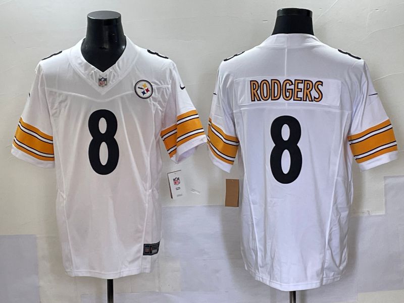 Men 2025 Pittsburgh Steelers 8 Rodgers White Three generations Nike Limited NFL Jersey style 1